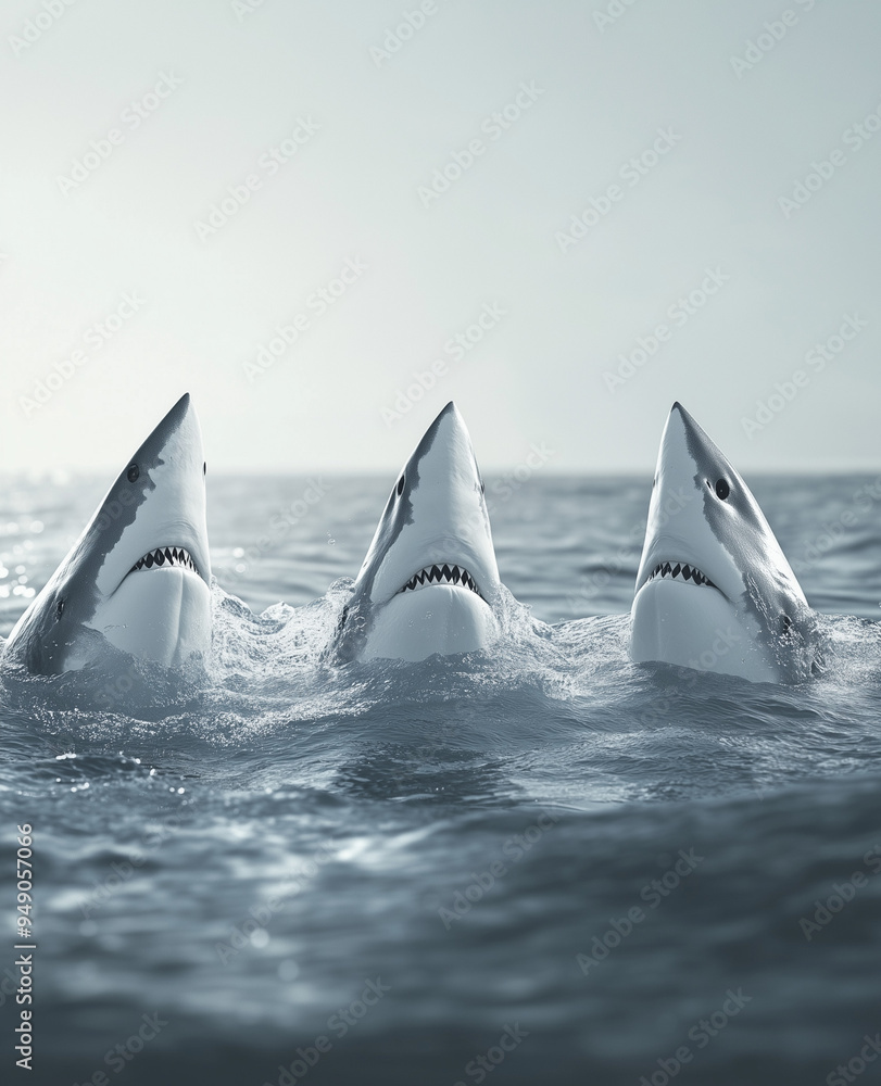 Fototapeta premium Three white shark heads protrude above the water with an ocean background in a print advertisement.