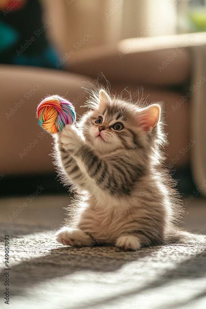 Naklejka premium Playful Kitten with Colorful Yarn Ball in Sunlight