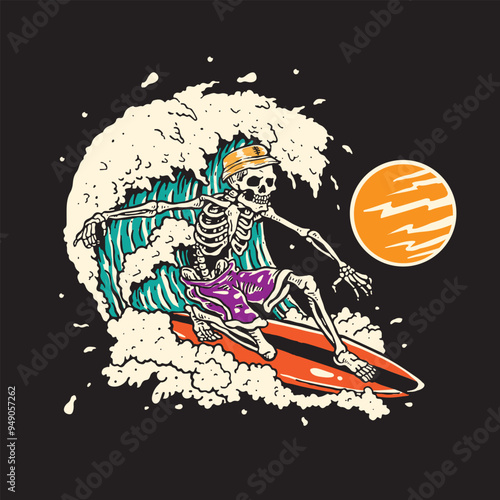 Skeleton skull surfing on the wave vector graphics. summer and holiday concept on black background. colorful