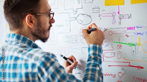 Software developer drawing software architecture on whiteboard using colorful markers