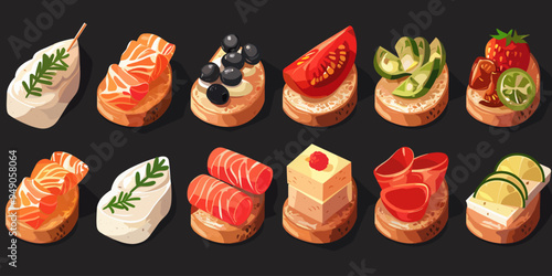 Set of sandwiches with salmon, mozzarella cheese, tomato and olives. Vector illustration