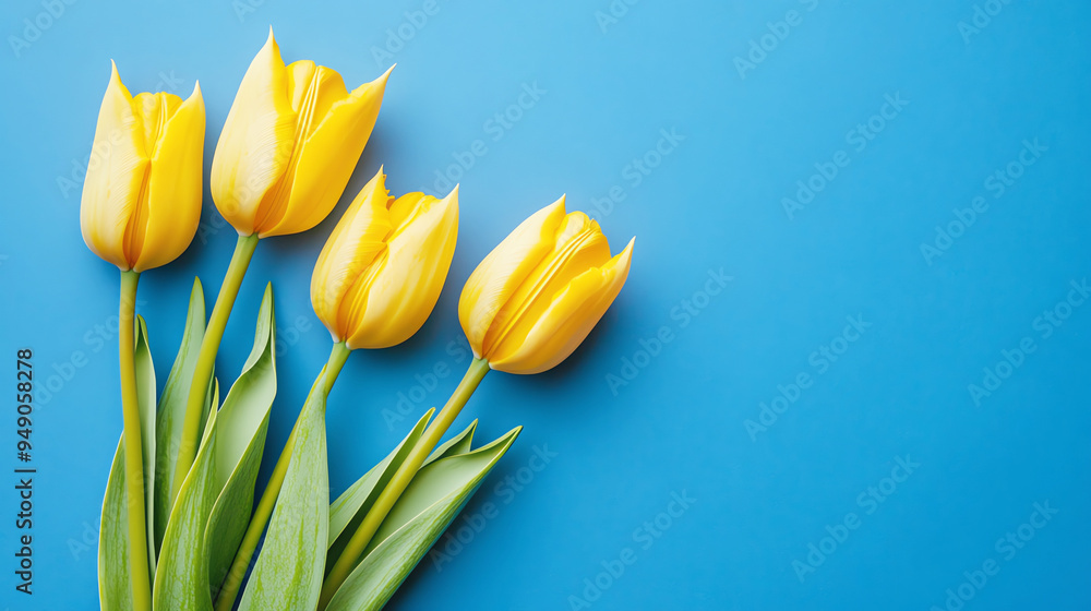 A bouquet of five yellow tulips rests in the bottom left corner against a blue paper background, perfect for Women s Day, Mother s Day, or a birthday greeting with a place for text A bouquet of five yellow tulips rests in the bottom left corner against a blue paper background, perfect for Women s Day, Mother s Day, or a birthday greeting with a place for text