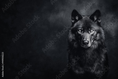 A captivating portrait of a black wolf with piercing eyes, set against a dark, moody background.