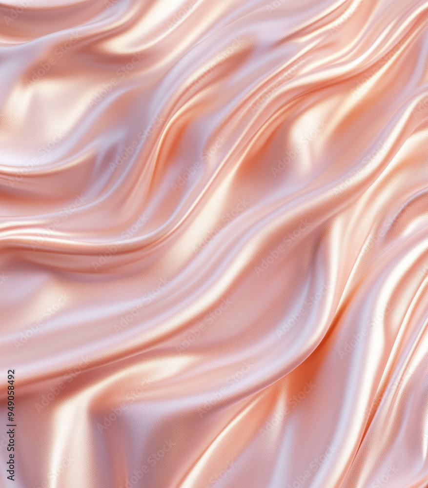 Obraz premium A pattern of waves made from peach fuzz-colored satin fabric, with each wave creating an illusion that it's undulating and swaying slightly in the air. The background is a solid light pink velvet, pr