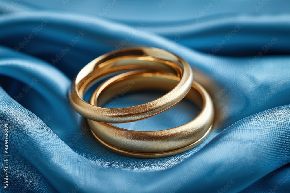 Gold Wedding Rings on Blue Satin Fabric Gold Wedding Rings on Blue Satin Fabric
