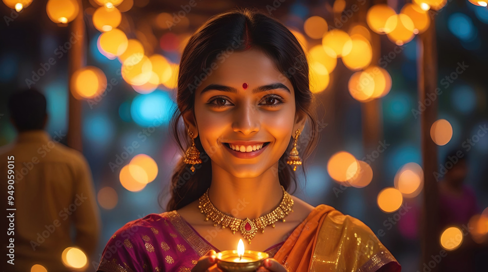 Portrait of a hindi woman holding Diwali oil lamp in traditional indian saree celebrating diwali, festival of lights Portrait of a hindi woman holding Diwali oil lamp in traditional indian saree celebrating diwali, festival of lights