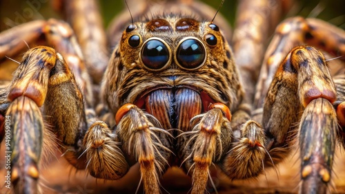 Macro shot of a brown wolf spider's intricate details, showcasing its textured body, razor-sharp fangs, and beady eyes in stunning high-contrast clarity.