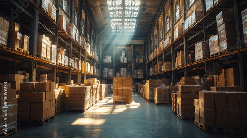 Wallpaper Mural Expansive warehouse with tall shelves filled with stacked boxes, illuminated by sunlight streaming through large windows. Industrial storage, efficient logistics, organized inventory. Torontodigital.ca