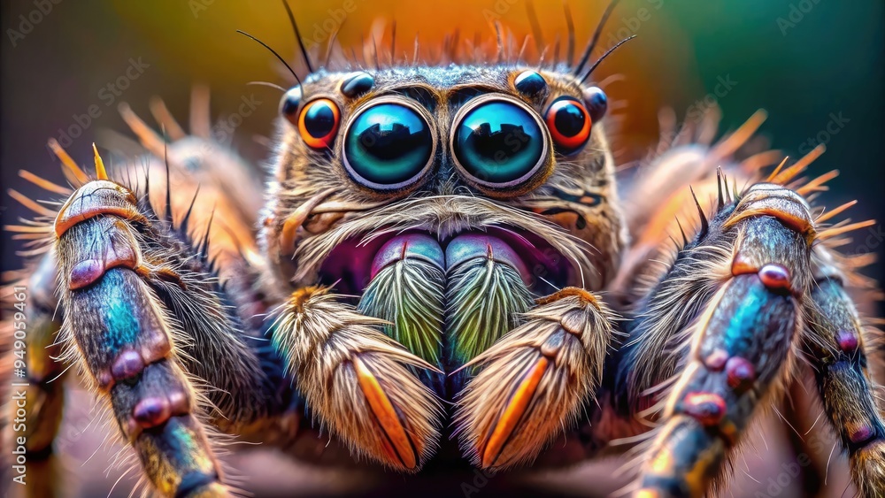 Macro view of a hairy, eight-legged spider's intricate details, showcasing vibrant eyes, fangs, and delicate leg hairs against a soft, blurred background. Macro view of a hairy, eight-legged spider's intricate details, showcasing vibrant eyes, fangs, and delicate leg hairs against a soft, blurred background.