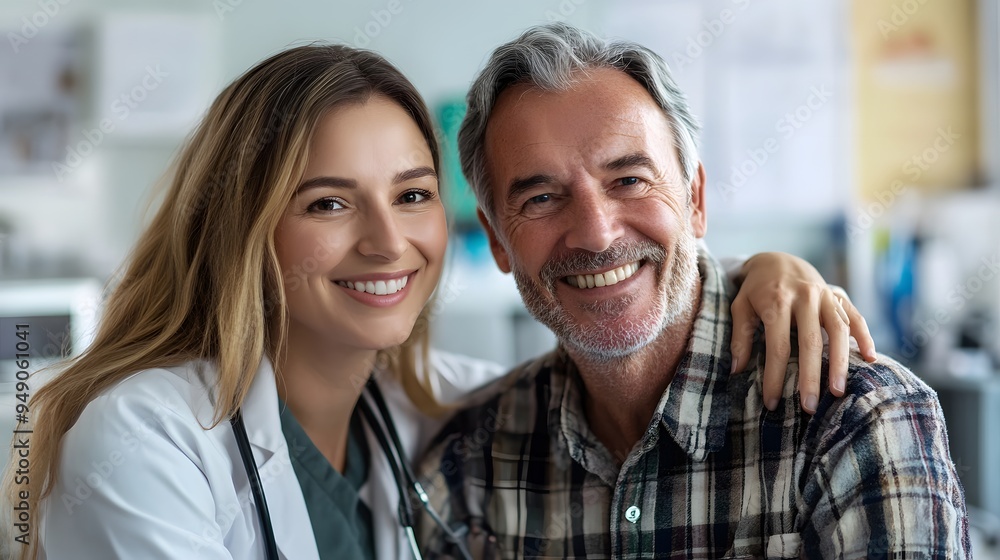 Senior male patient with female doctor smiling in a medical office, showcasing a friendly and trusting doctor-patient relationship Senior male patient with female doctor smiling in a medical office, showcasing a friendly and trusting doctor-patient relationship