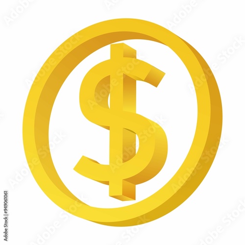 Dollar currency logo in a ring circle, in golden 3D design. Embossed Pound sterling icon.