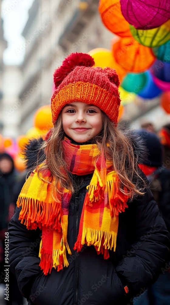 A cheerful girl wearing a vibrant hat and scarf, surrounded by colorful balloons at a festive outdoor event. A cheerful girl wearing a vibrant hat and scarf, surrounded by colorful balloons at a festive outdoor event.