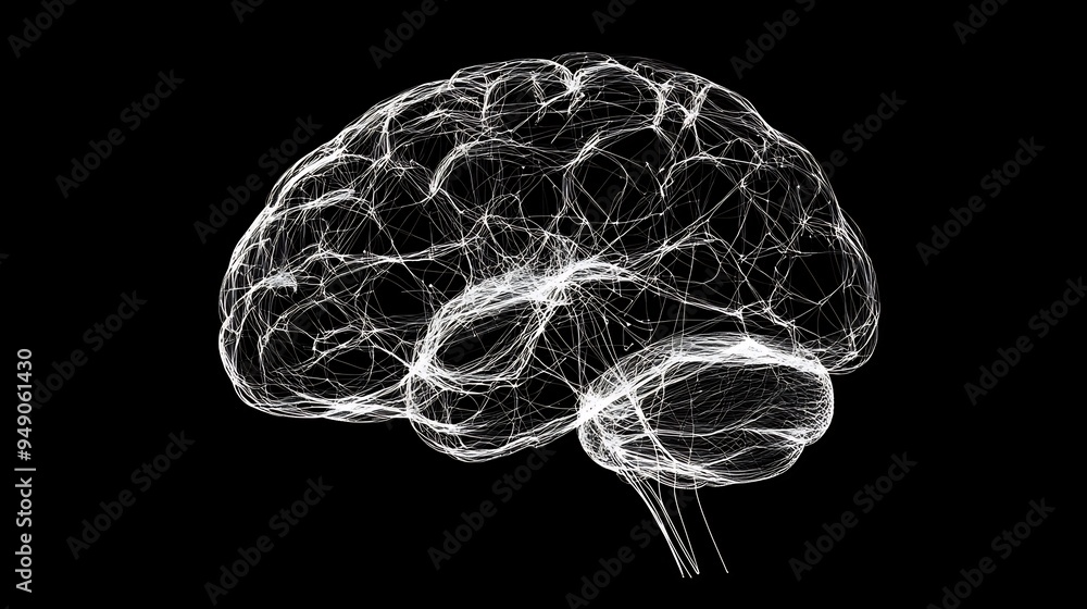 Monochrome design featuring an abstract representation of the human brain with neural pathways highlighted Monochrome design featuring an abstract representation of the human brain with neural pathways highlighted