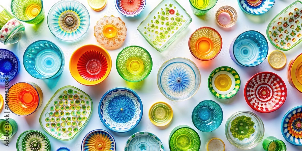 glassware patterns on white background bright colors flat lay flat lay setup glassware patterns on white background bright colors flat lay flat lay setup