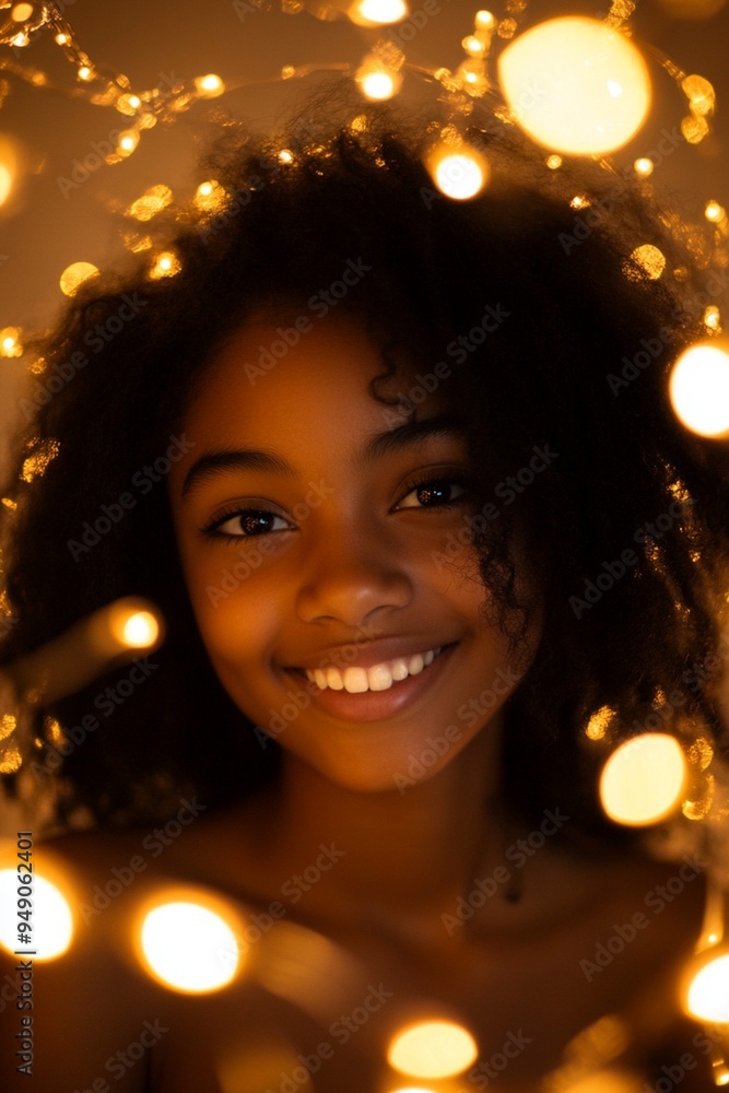 Joyful Girl Surrounded by Warm Fairy Lights - Radiant Smile and Magical Glow Joyful Girl Surrounded by Warm Fairy Lights - Radiant Smile and Magical Glow