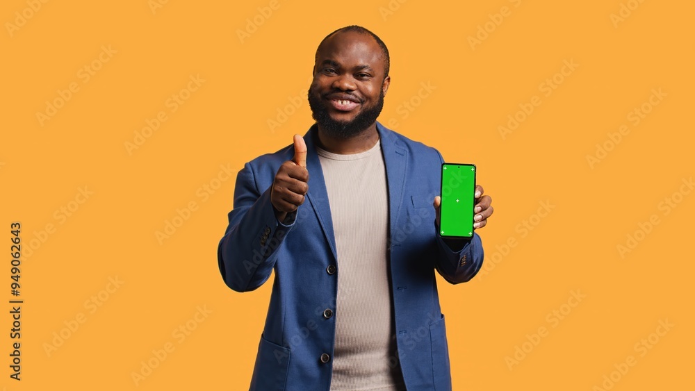 Happy african american man holding green screen phone, doing recommendation. Cheerful BIPOC person presenting mockup device, giving thumbs up sign, studio background, camera B Happy african american man holding green screen phone, doing recommendation. Cheerful BIPOC person presenting mockup device, giving thumbs up sign, studio background, camera B