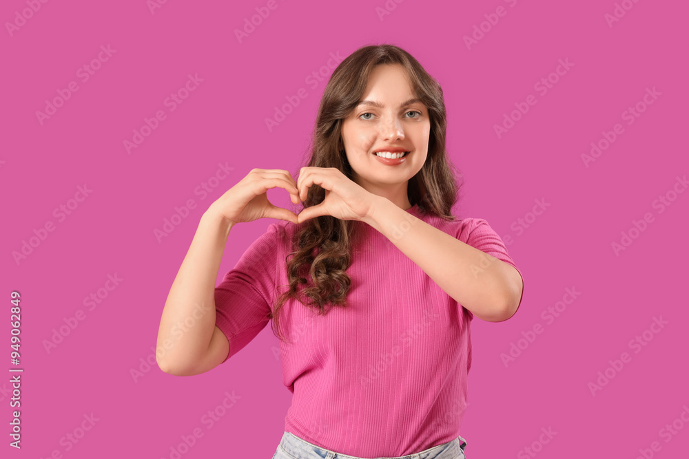 Happy young woman showing heart gesture on purple background. Valentine's Day celebration Happy young woman showing heart gesture on purple background. Valentine's Day celebration