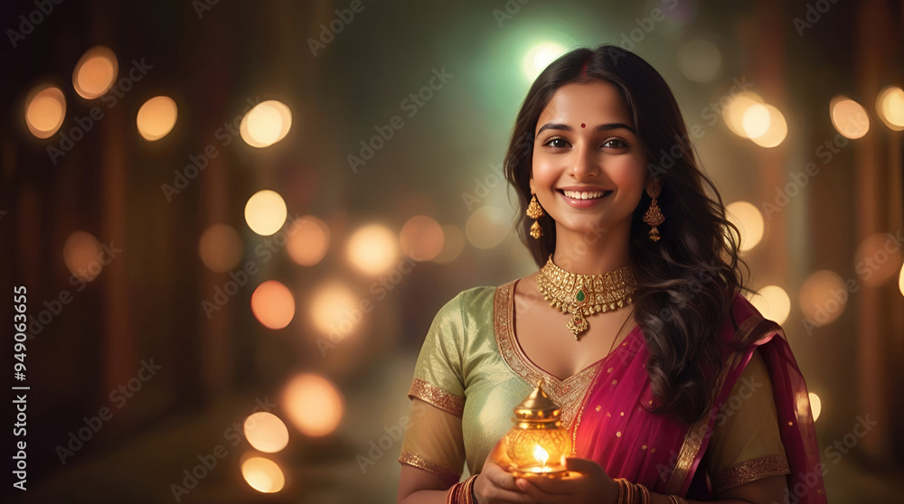 Portrait of a hindi woman holding Diwali oil lamp in traditional indian saree celebrating diwali, festival of lights Portrait of a hindi woman holding Diwali oil lamp in traditional indian saree celebrating diwali, festival of lights