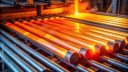 Glowing metal rods undergo high-temperature thermal processing in a state-of-the-art industrial furnace, showcasing advanced material heat treatment techniques for enhanced strength and durability. photo