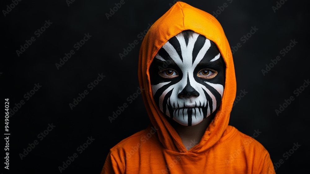 A child in an orange hoodie with dramatic black and white face paint, conveying creativity and a festive spirit. A child in an orange hoodie with dramatic black and white face paint, conveying creativity and a festive spirit.