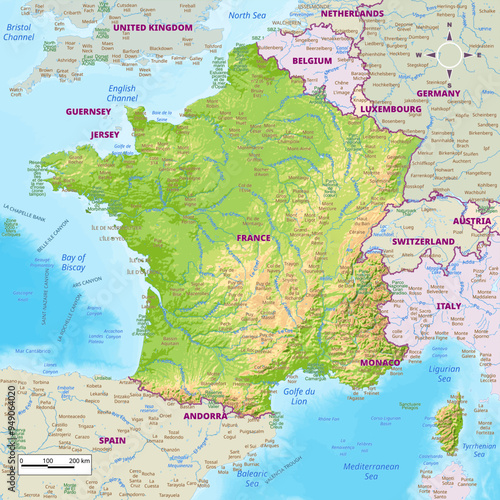 France physical map with national borders, rivers and lakes, mountains, parks, labeling