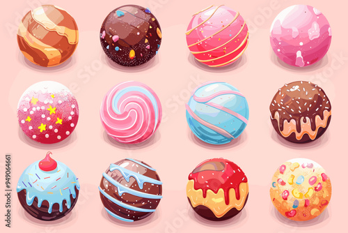 Set of chocolate candies with different fillings, vector illustration.