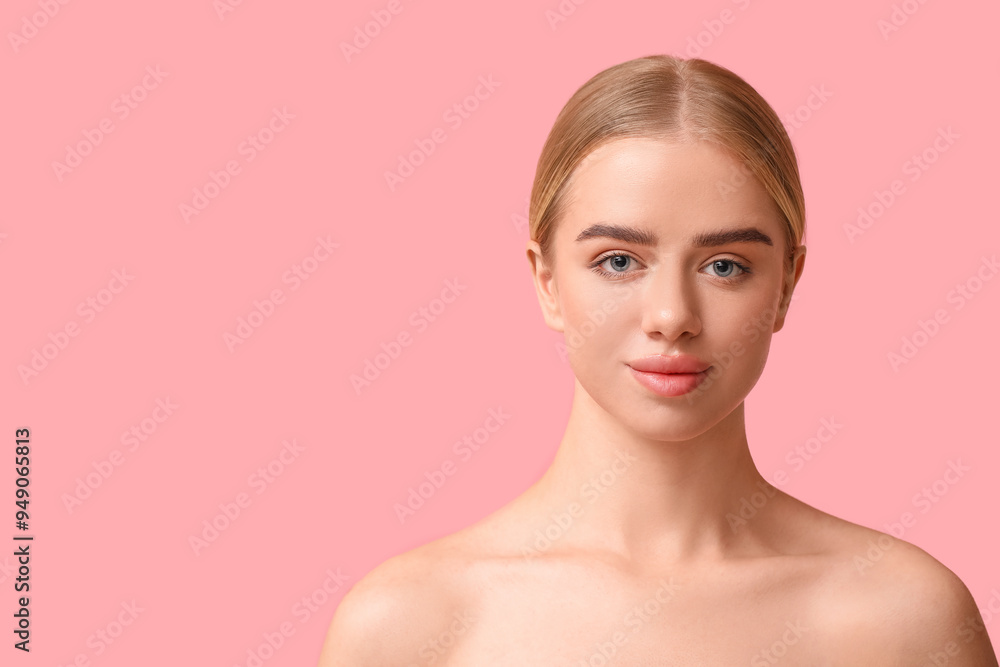 Young woman with beautiful lips on pink background Young woman with beautiful lips on pink background