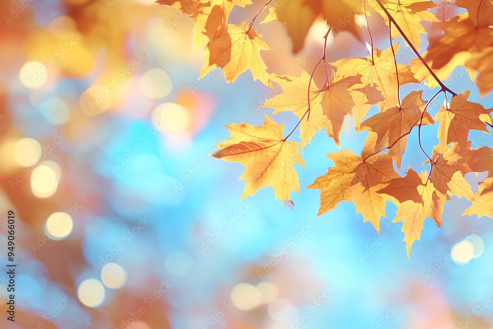 Golden autumn leaves softly swaying against a serene blue background in a tranquil outdoor setting Golden autumn leaves softly swaying against a serene blue background in a tranquil outdoor setting