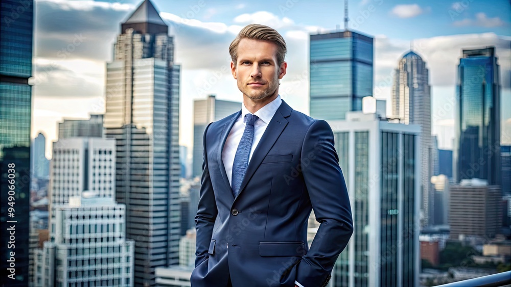 Professional executive wearing a tailored navy suit, crisp white shirt, and tie, standing confidently with a cityscape background, conveying success and leadership. Professional executive wearing a tailored navy suit, crisp white shirt, and tie, standing confidently with a cityscape background, conveying success and leadership.
