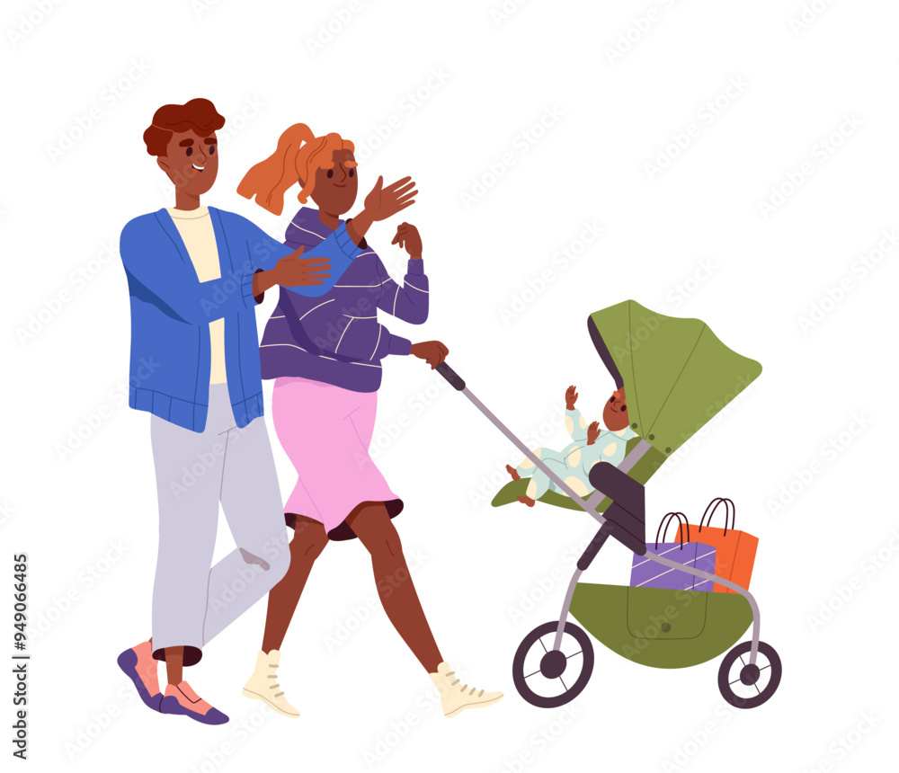Parents with baby stroller. Man and woman with toddler. Parenthood and childhood. Father care about kid. Happy family walking outdoors. Flat vector illustration isolated on white background Parents with baby stroller. Man and woman with toddler. Parenthood and childhood. Father care about kid. Happy family walking outdoors. Flat vector illustration isolated on white background
