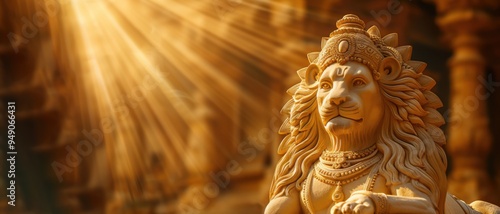 A majestic lion statue, beautifully carved and illuminated by radiant beams of light, giving it a divine and powerful presence. The lion of the goddess Durga. The image of Shakti of the feminine begin photo