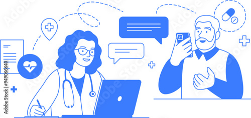 Online doctor appointment. Telehealth isolated line illustration. Elderly man and female physician with mobile and laptop. Medical consultation. One color healthcare infographic with editable stroke.