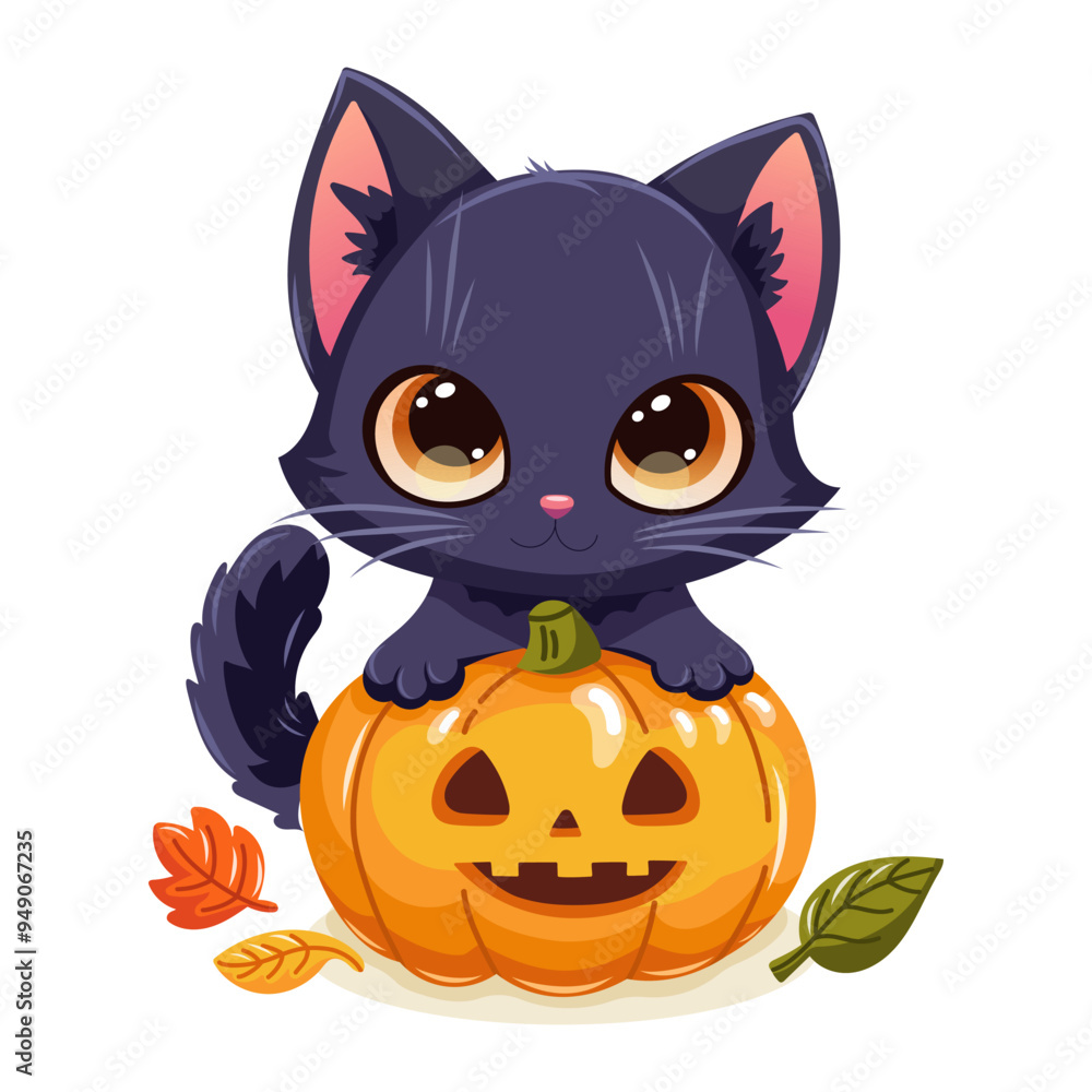 Vector illustration of adorable black kitten with bright orange jack-o-lantern, perfect for Halloween-themed designs Vector illustration of adorable black kitten with bright orange jack-o-lantern, perfect for Halloween-themed designs