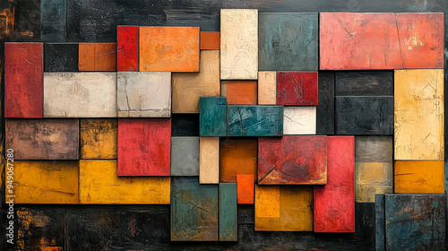 Abstract geometric painting with textured blocks in shades of red, orange, yellow, teal, and beige arranged in a layered composition