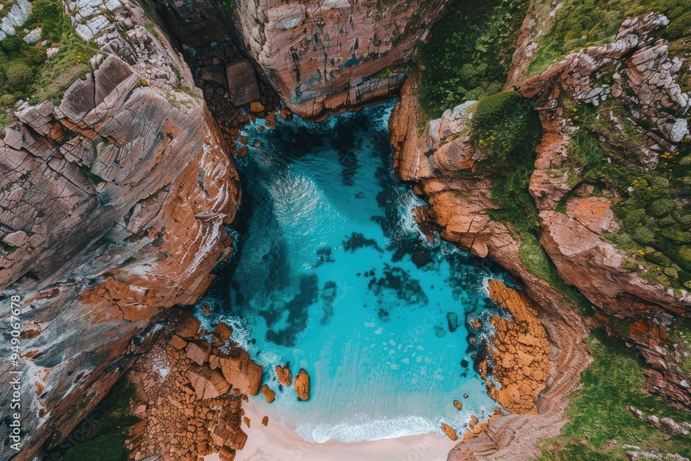 Naklejka premium Aerial View of Turquoise Water Surrounded by Rugged Cliffs