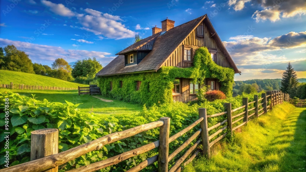 Rustic wooden fence surrounds a charming country house with a sloping ...