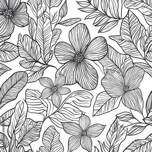Wallpaper Mural Natureinspired design with intricate line art of leaves and flowers forming a seamless repeating pattern Torontodigital.ca