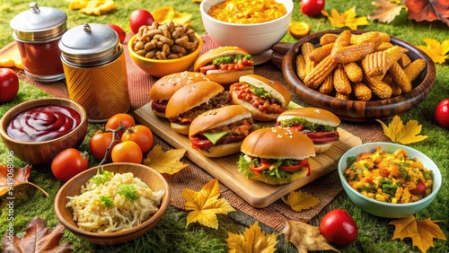 Savory burgers, hot dogs, and crispy snacks abound on a colorful tailgating spread, surrounded by football field-inspired decor and autumnal foliage. photo