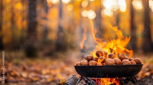 A cozy autumn scene with roasted chestnuts over an open fire surrounded by colorful foliage in a tranquil forest.