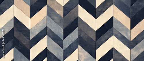 A chevron patterned wall with a blue and white color scheme