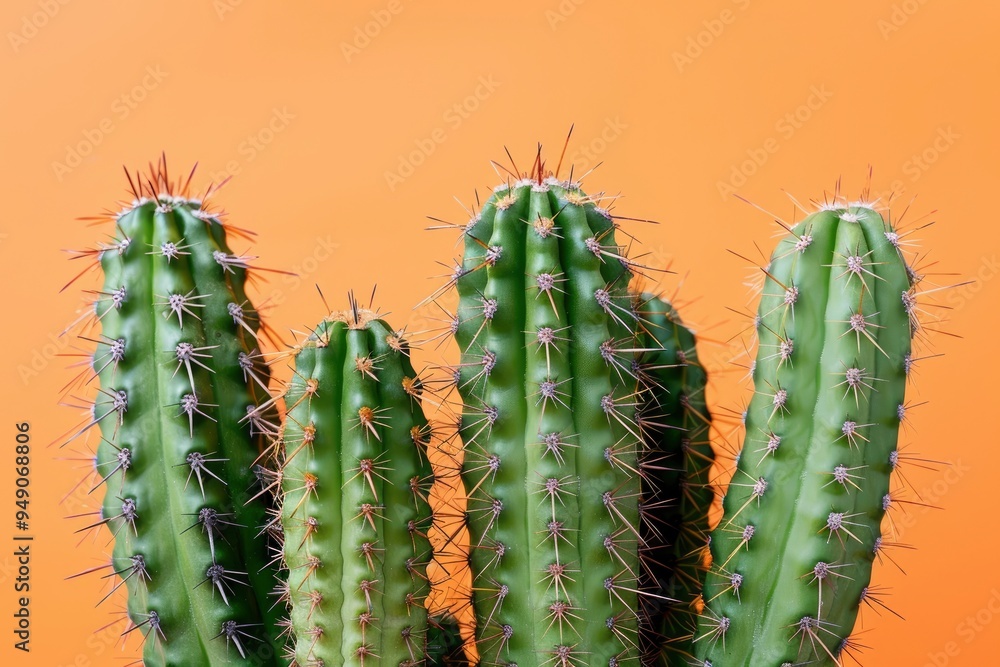 Naklejka premium Closeup of Green Cactus on Orange Background