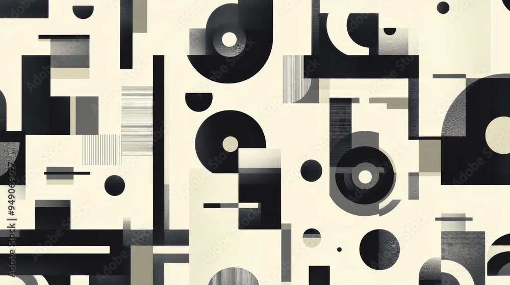 A black and white abstract painting with many circles and squares A black and white abstract painting with many circles and squares