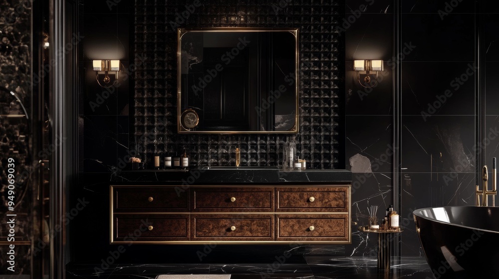 A bathroom with a large mirror and a sink A bathroom with a large mirror and a sink
