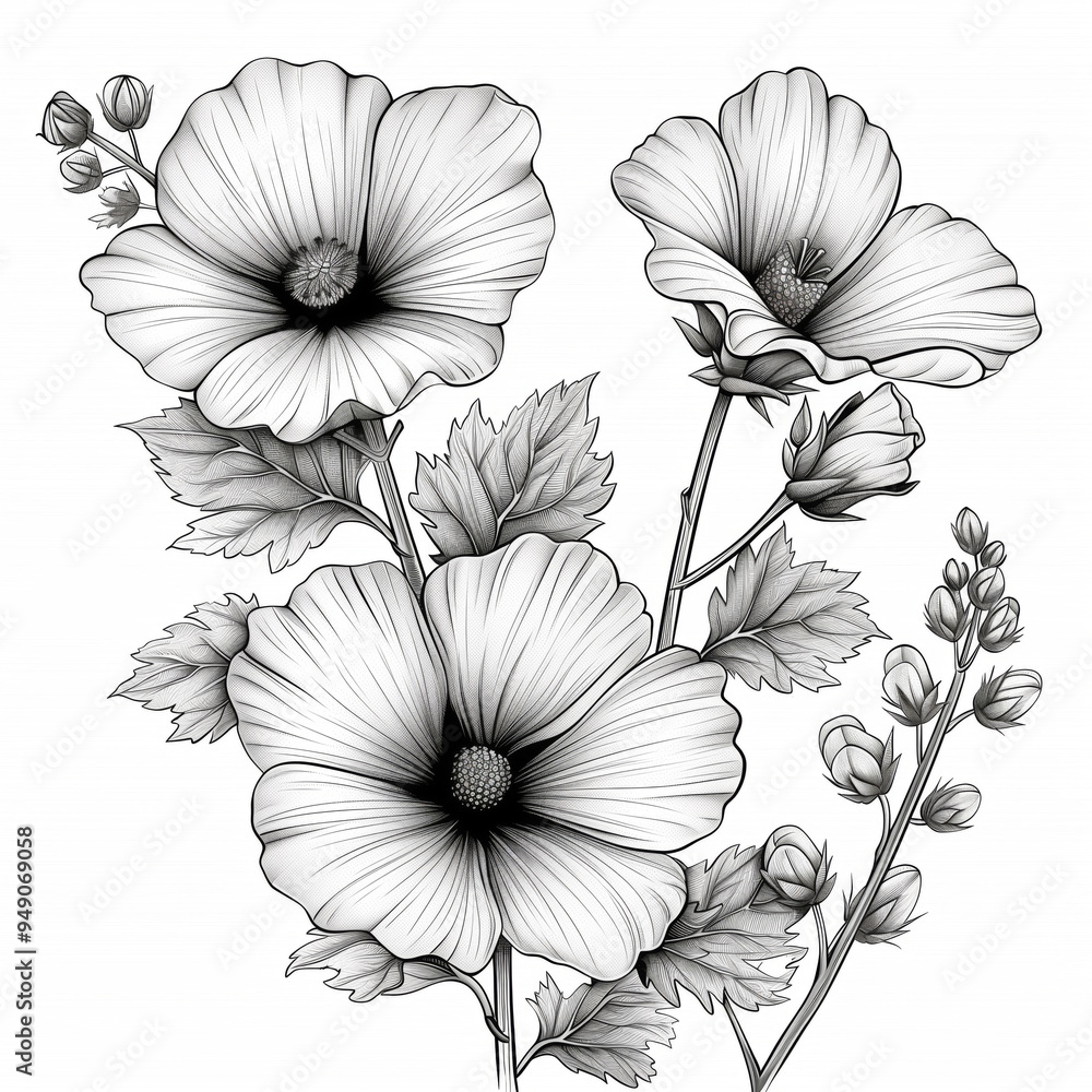 Fototapeta premium Monochrome mallow flower Black and white drawing floral illustration isolated on white background 