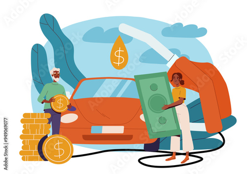 Payment for fuel. Man and woman with banknotes and golden coins near automobile and gasoline pistol. Refueling of transport process. Flat vector illustration isolated on white background