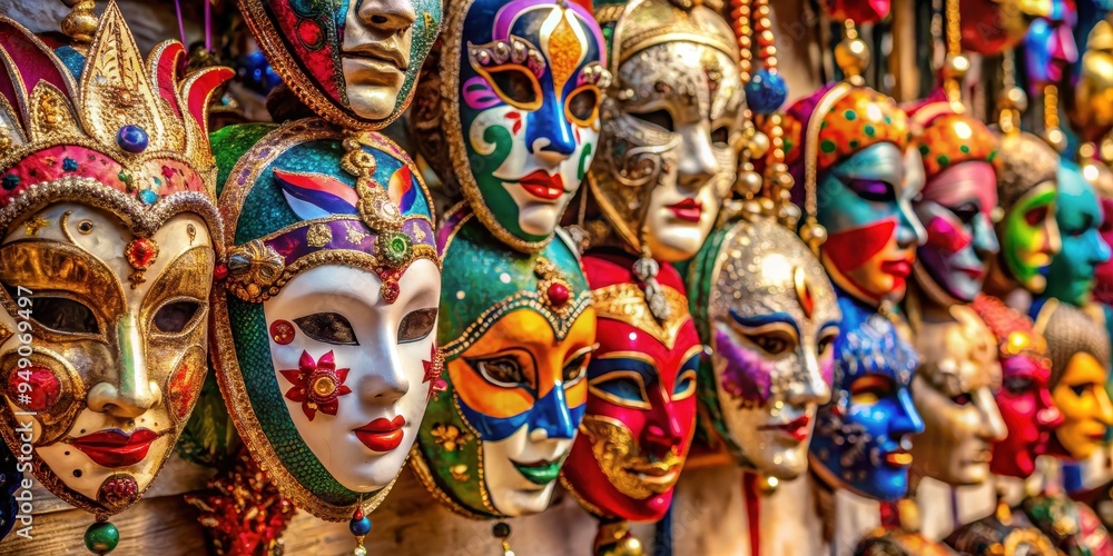 Close-up shot of various colorful masks displayed at a market stall, masks, carnival, costume, celebration, festival, party Close-up shot of various colorful masks displayed at a market stall, masks, carnival, costume, celebration, festival, party