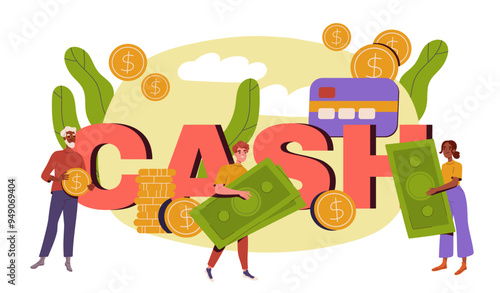 People with cash concept. Men and woman with golden coins and banknotes. Rich guys and girls with wealth. Characters with money. Flat vector illustration isolated on white background