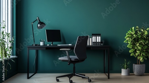 A black desk with a chair and a lamp