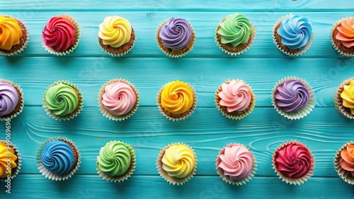 Colorful cupcakes arranged on a vibrant teal and sky-blue stage backdrop from an aerial view, cupcakes, colorful