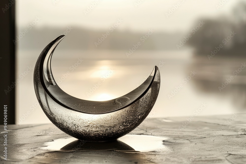 Crescent Moon Glass Sculpture Against a Misty Lake Background Crescent Moon Glass Sculpture Against a Misty Lake Background